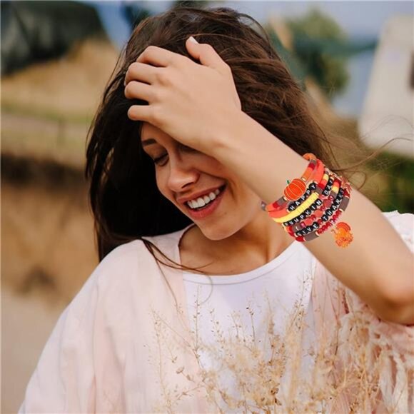 Fall Bracelets for Women – Adjustable Beaded Heishi Stack - Picture 7 of 8